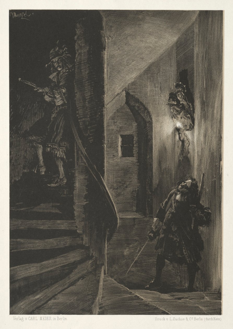 Essay über Stein mit Pinsel und Schaber: Verfolgung auf der Wendeltreppe von Adolph Menzel