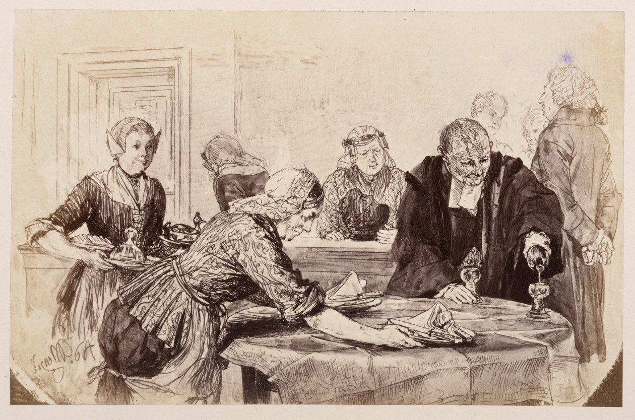 Frühstückspause. Die Mägde decken den Tisch, Adam schenkt ein. Links geht der Gerichtsrat ungeduldig auf und ab, zu Heinrich von Kleist "Der zerbrochene Krug" von Adolph Menzel
