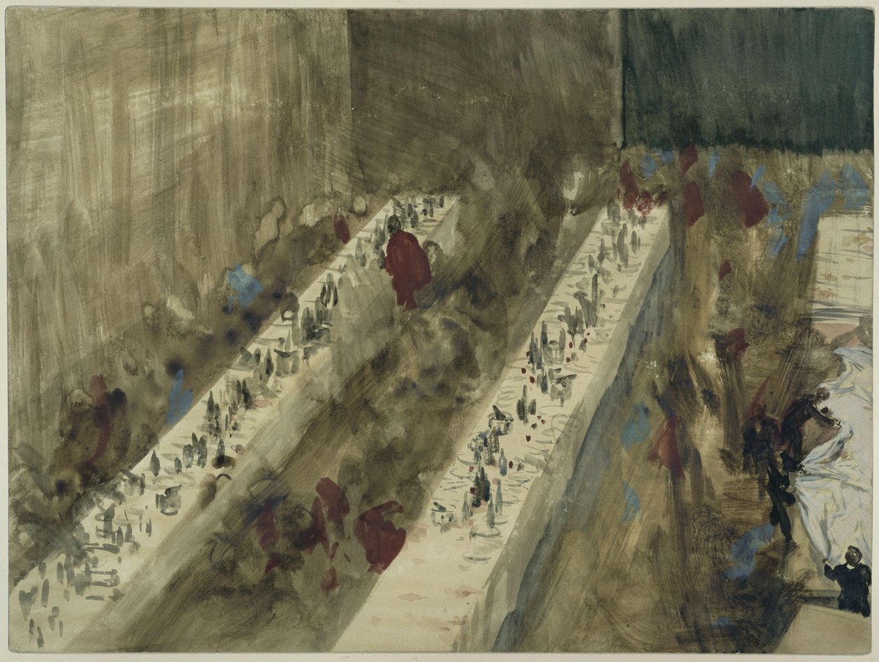 Gedeckte Tische von oben gesehen von Adolph Menzel