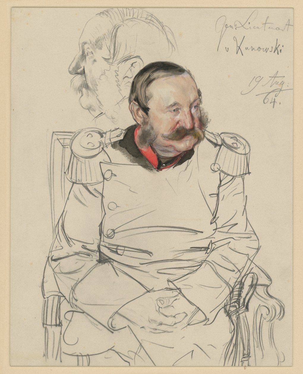 Generallieutenant von Kumowski, Kniestück, en face sitzend, Kopf vorgeneigt nach links, l.: Kopfstudie im Profil nach links, Porträtstudie zu "Die Krönung Wilhelms I. in Königsberg" von Adolph Menzel