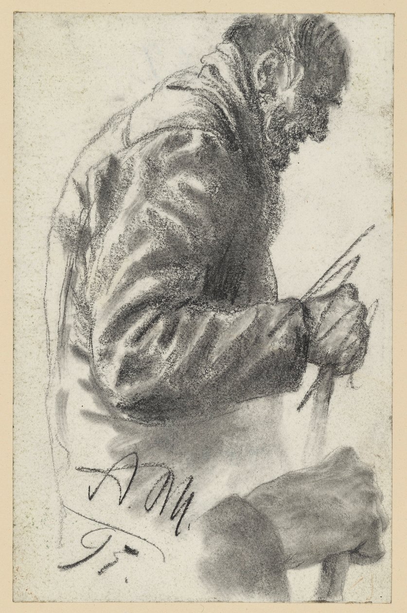 Halbfigur eines alten Mannes am Stock, dessen rechte Hand verworfen und darunter wiederholt von Adolph Menzel