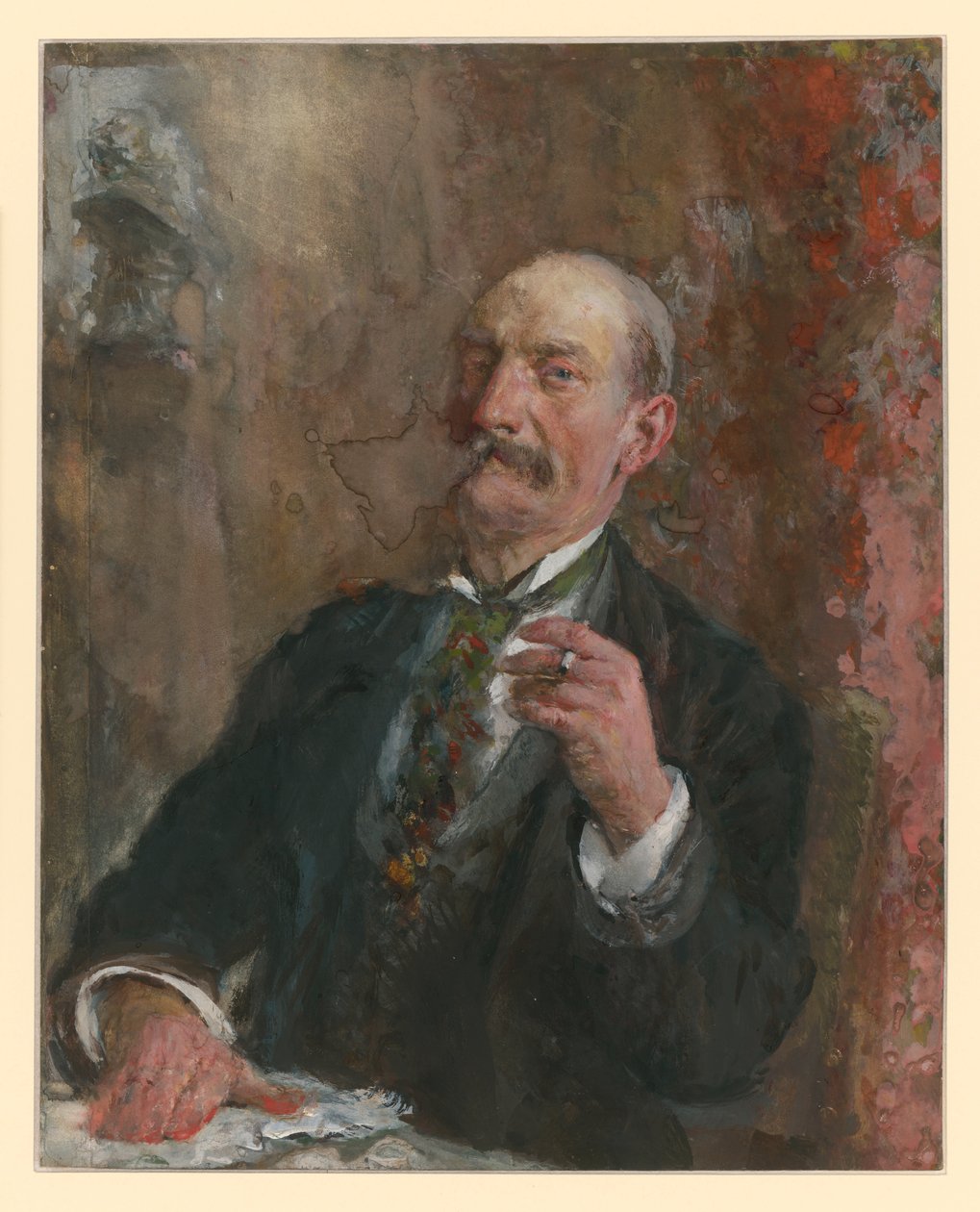 Halbfigur eines sitzenden Mannes, die Rechte vor sich auf die Tischplatte gelegt, in der Linken eine Zigarette haltend von Adolph Menzel