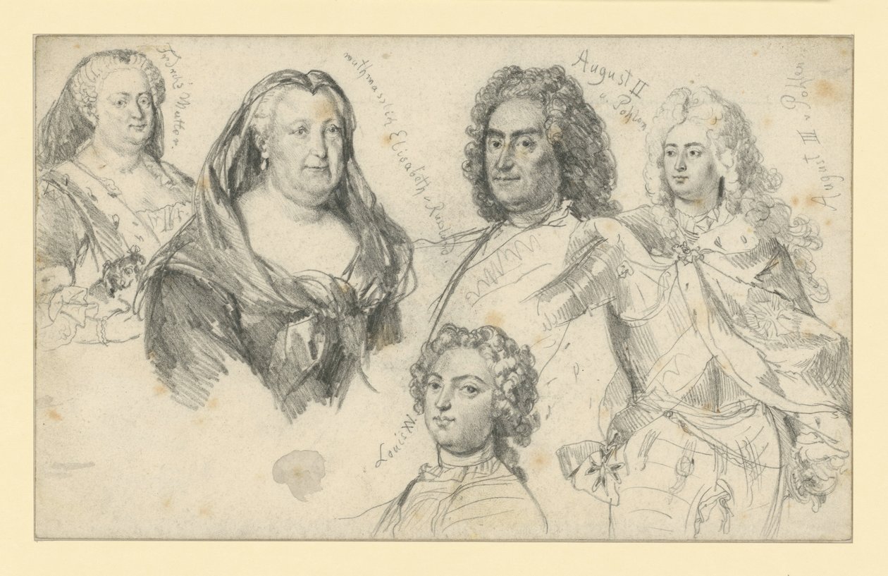 Königin Sophie Dorothea von Preußen, Kaiserin Elisabeth von Russland, König August II. von Polen, König August III. von Polen, Ludwig XV. von Frankreich von Adolph Menzel