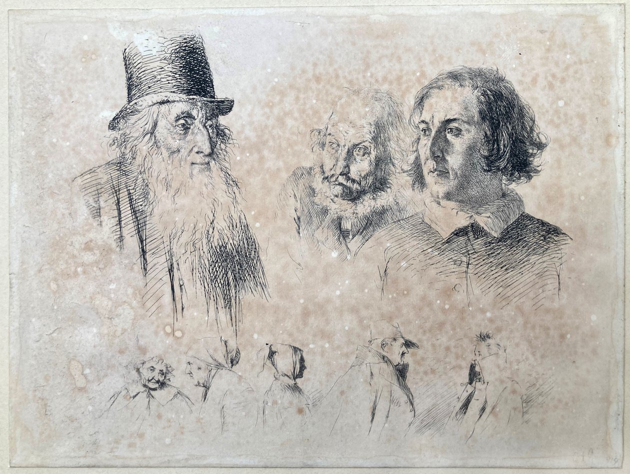 Köpfe- und Figurenstudien, Blatt 2 aus der Serie "Radir-Versuche" von Adolph Menzel