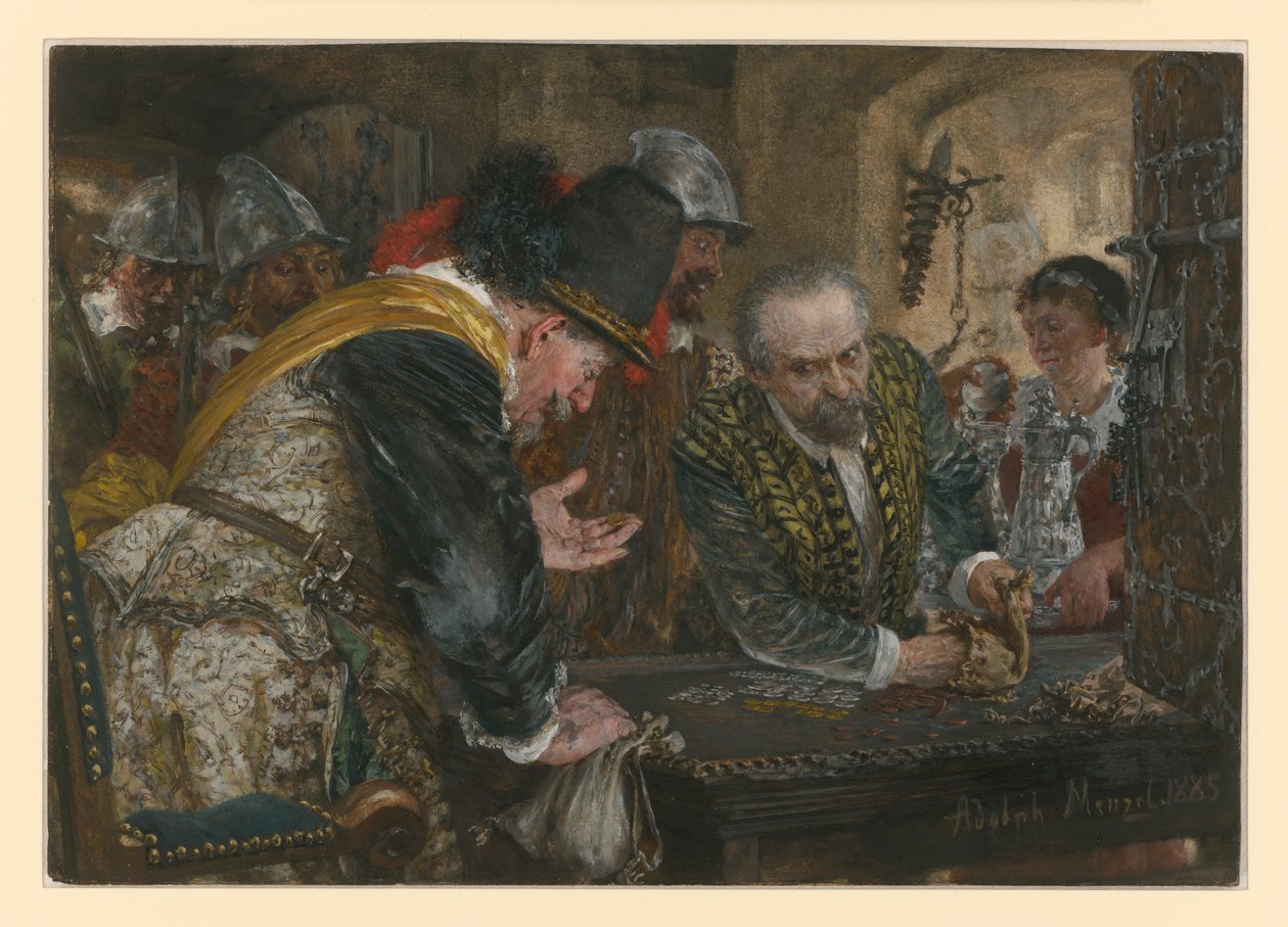 Kontribution, Soldaten - links ihr Hauptmann - erhalten von einem älteren Mann Geld und Silber von Adolph Menzel