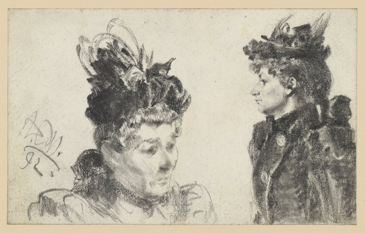 Kopf einer Frau mit Federhut nach rechts, Brustbild einer Frau mit Hut im Profil nach links von Adolph Menzel