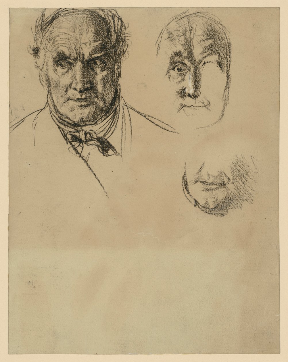 Kopf eines älteren Mannes mit Halstuch und zwei Detailstudien des Gesichts von Adolph Menzel