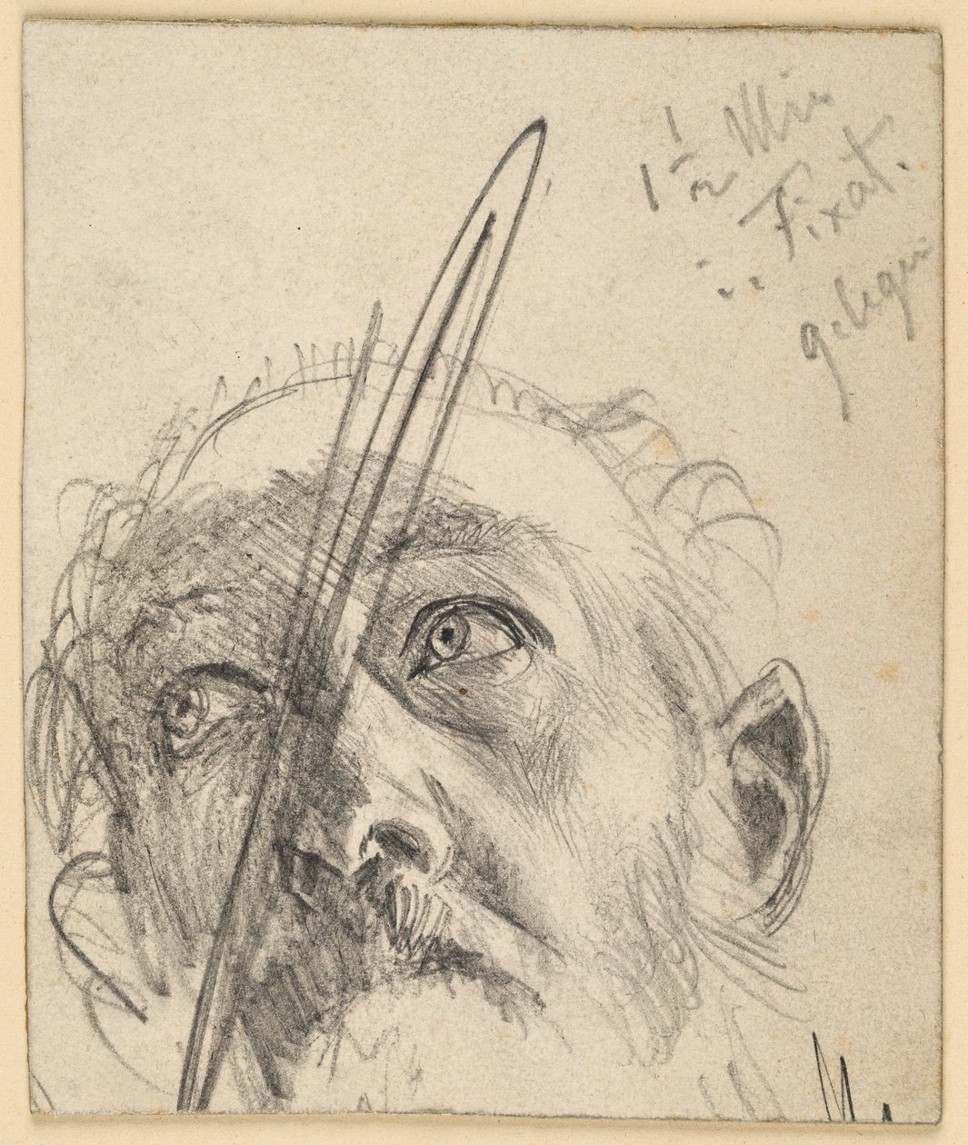 Kopf eines aufblickenden Mannes mit Schnurrbart, den Kopf etwas zur Seite geneigt von Adolph Menzel