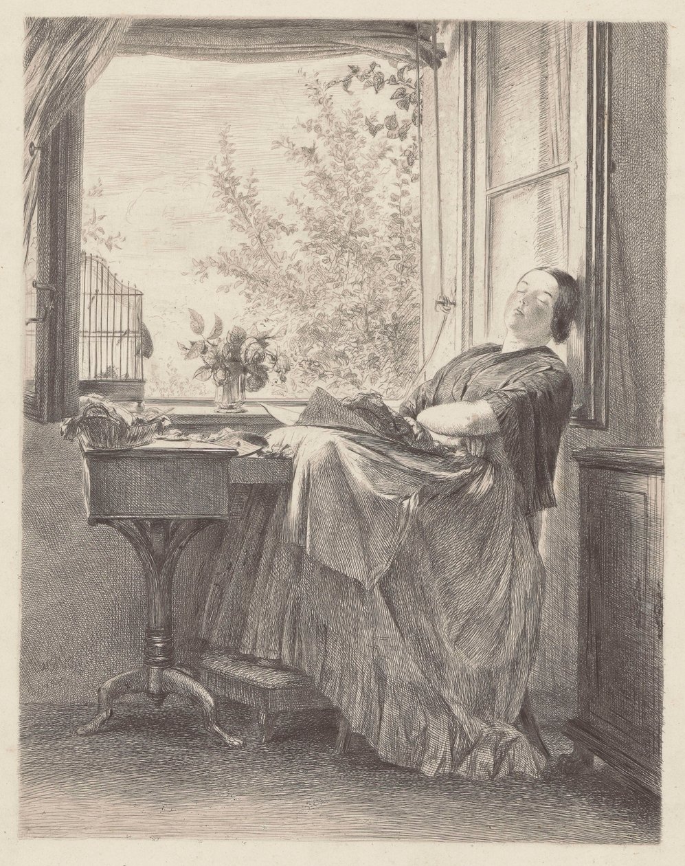 Am Fenster schlafende Näherin (Emilia, Menzels Schwester, die spätere Frau Krigar). von Adolph Menzel