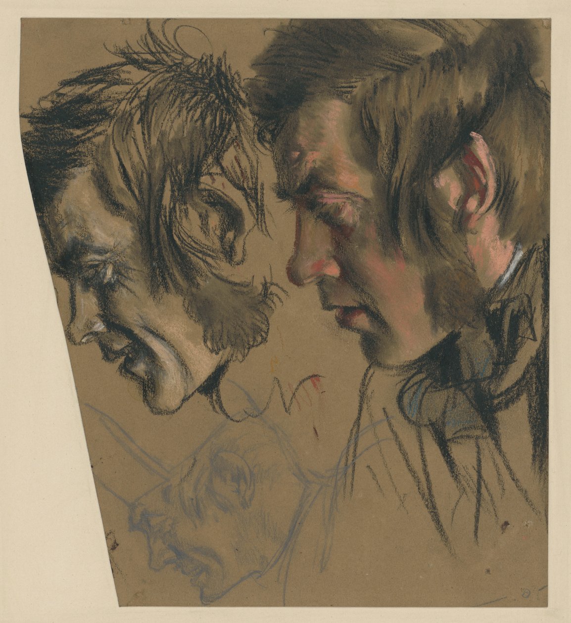 Männlicher Kopf mit Backenbart, vornüber gebeugt; l.: kleinere Wiederholung, u.: derselbe mit Mütze von Adolph Menzel