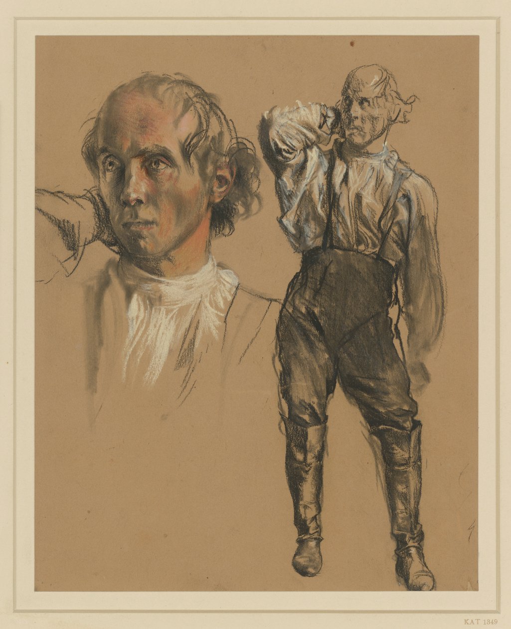 Mann in Hemd, Hosen und hohen Stiefeln, en face stehend, mit der Rechten in den Nacken fassend, Blick nach links, links: größere Kopfstudie von Adolph Menzel