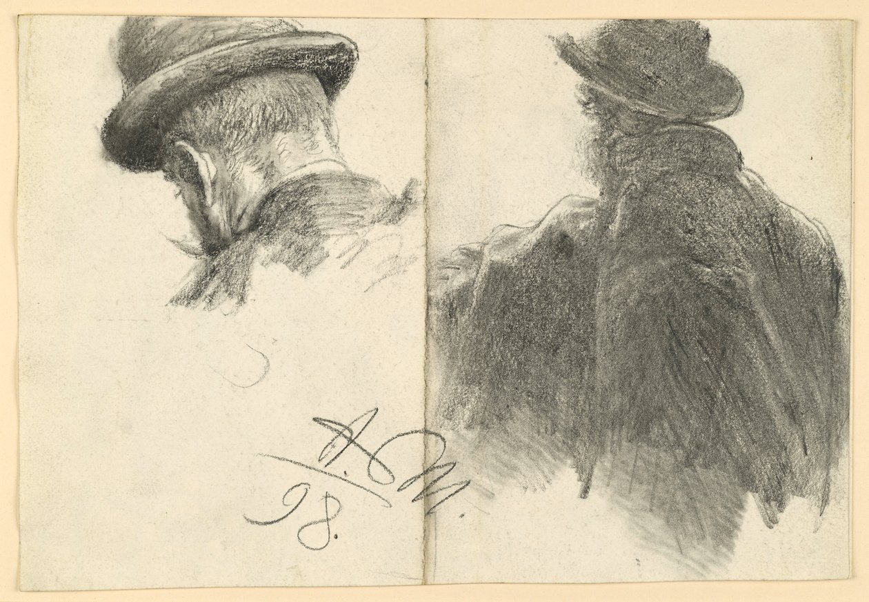 Mann mit Hut in Rückenansicht, der Kopf wiederholt von Adolph Menzel