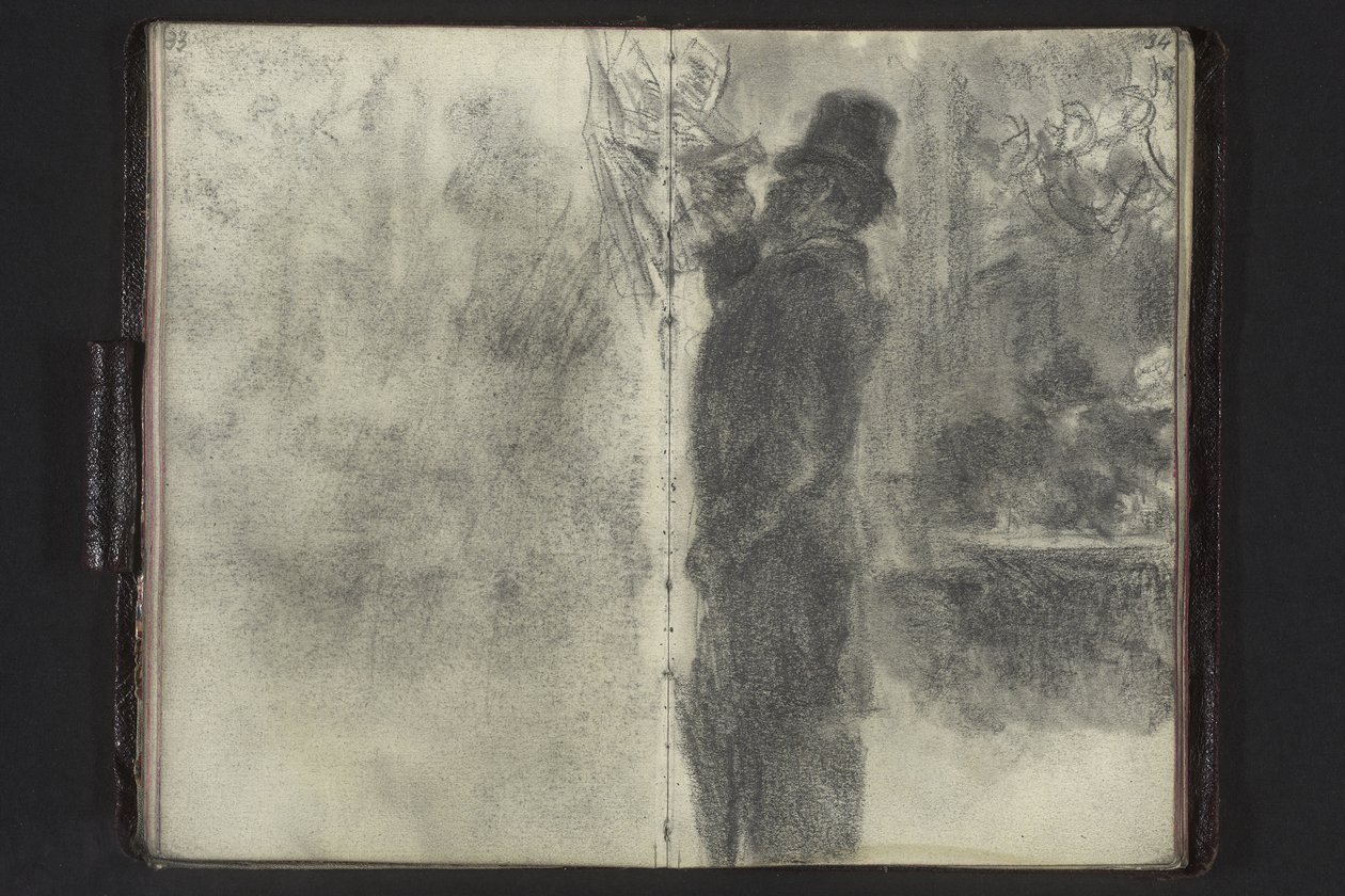 Mann mit Zylinder und Regenschirm, an der Wand hängende Zettel durchsehend von Adolph Menzel