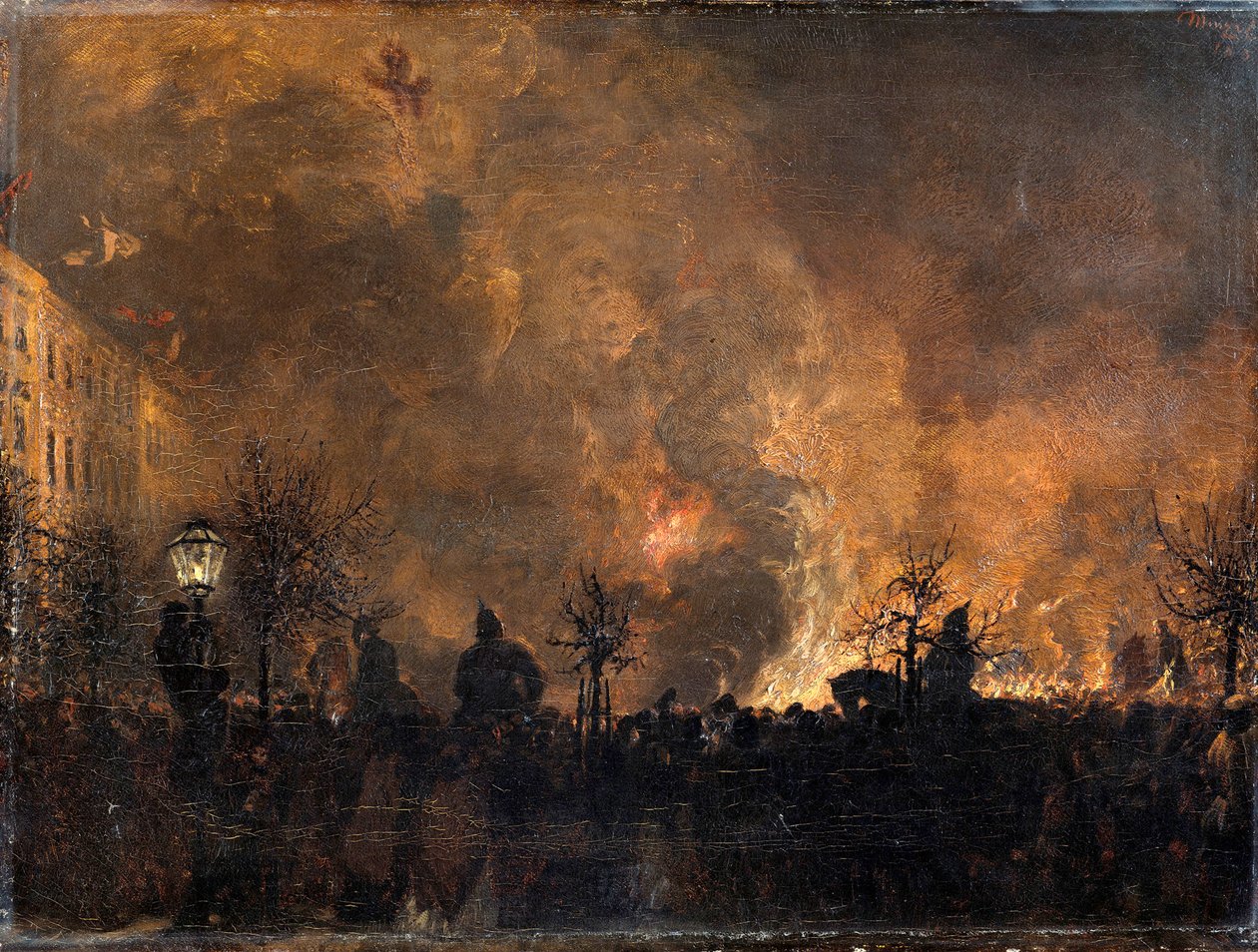 Nach dem Fackelzug. Zusammenwerfen der Fackeln auf dem Dönhoffplatz in Berlin von Adolph Menzel