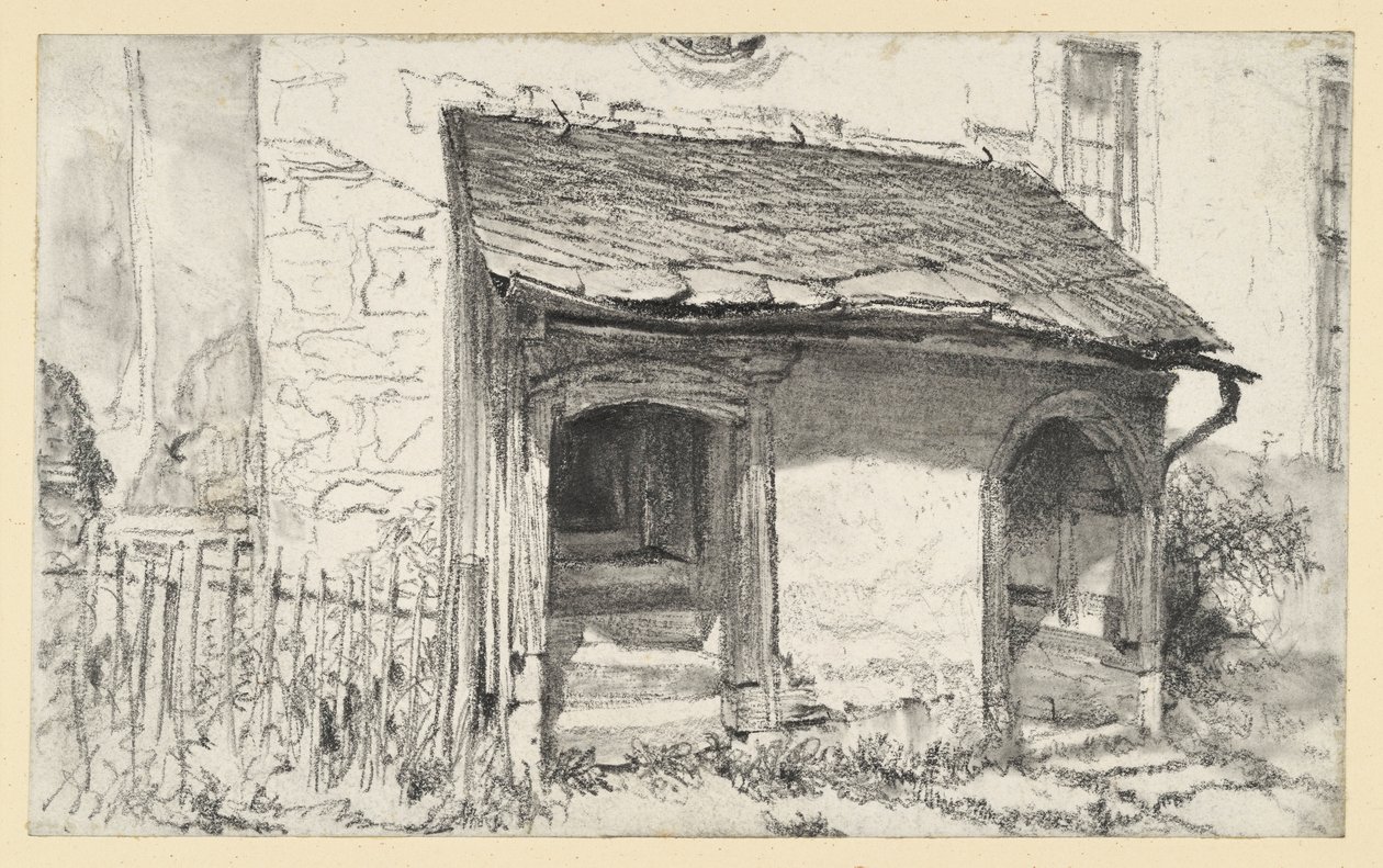 Niedriger Vorbau einer Kirche mit zwei Eingängen und Zaun von Adolph Menzel