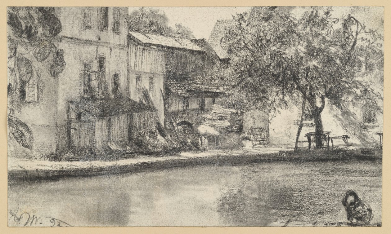 Rückseite einer Häuserreihe und Baum am Wasser von Adolph Menzel