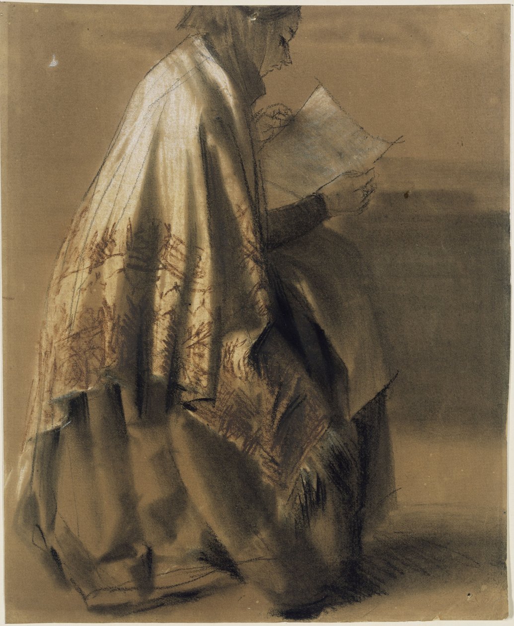 Sitzende, lesende Frau im weiten Umschlagtuch von Adolph Menzel