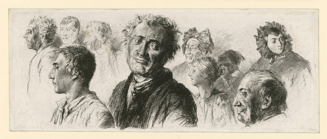 Studienblatt aus dem Irrenhaus. Zehn Köpfe, meist nach links von Adolph Menzel