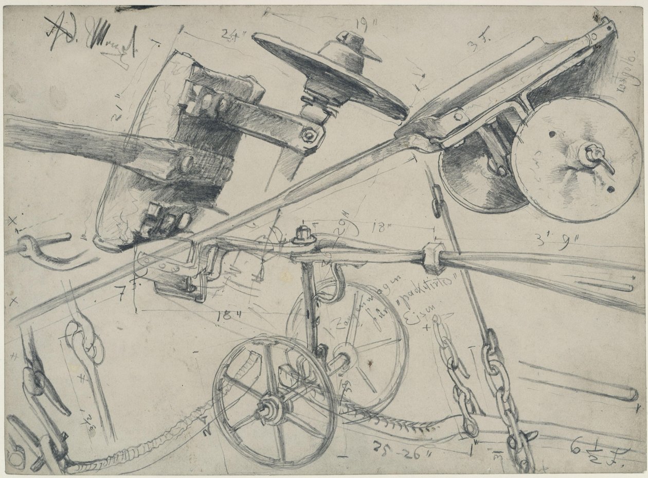 Transportwagen mit Details und Maßangaben. Studie zum „Eisenwalzwerk. Moderne Cyklopen“ von Adolph Menzel