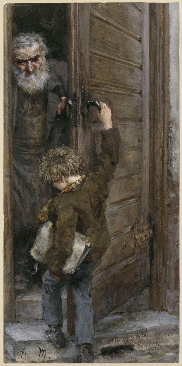 Vater und Sohn an der Tür. Aus dem "Kinderalbum" von Adolph Menzel
