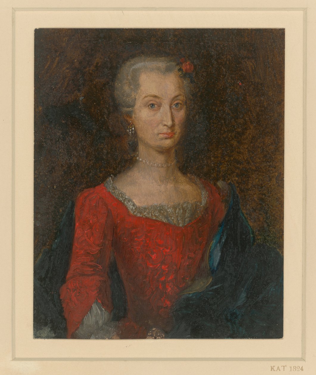 Weibliches Brustbild in rotem Kleid mit blauem Umhang von Adolph Menzel