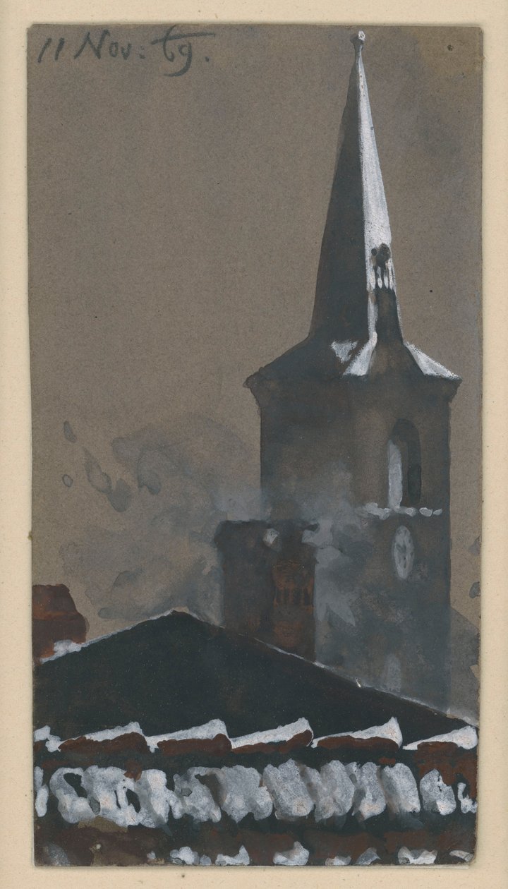 Ziegeldach und Kirchturm, beschneit von Adolph Menzel