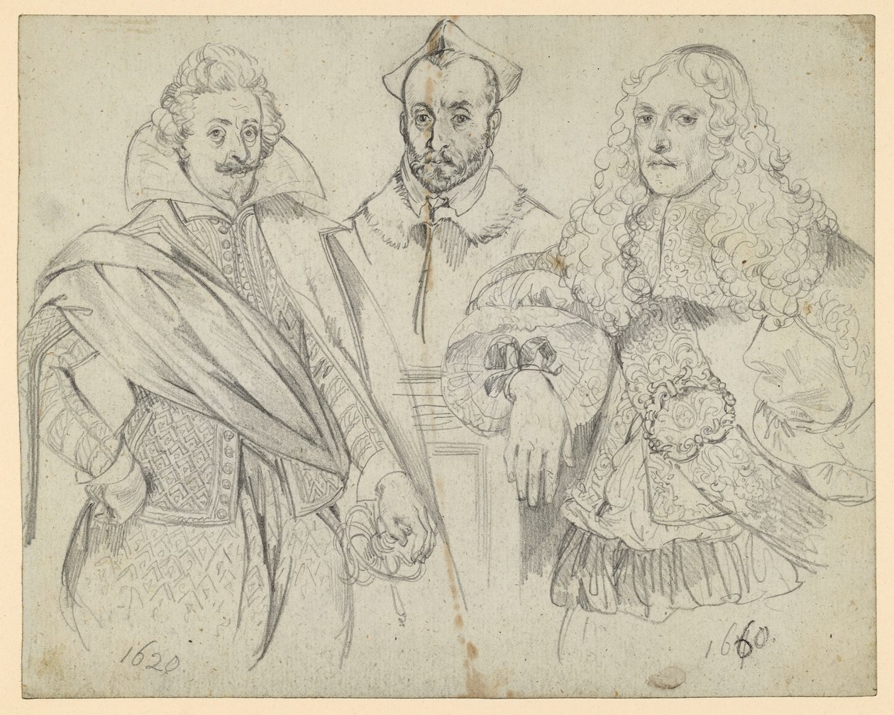 Zwei Würdenträger von 1620 und 1660, in der Mitte ein Kardinal. Nachzeichnungen historischer Darstellungen von Adolph Menzel