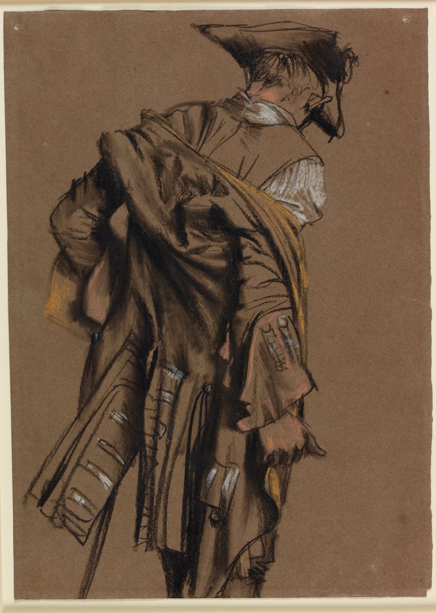 Modell des Künstlers, von hinten gesehen, zieht eine Uniform des 18. Jahrhunderts an von Adolph Menzel
