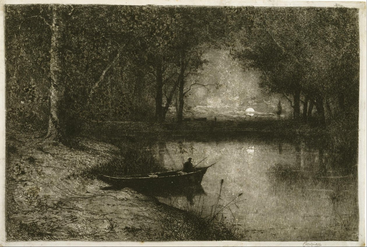 Fischer in einem Ruderboot am Ufer eines Flusses von Adolphe Appian