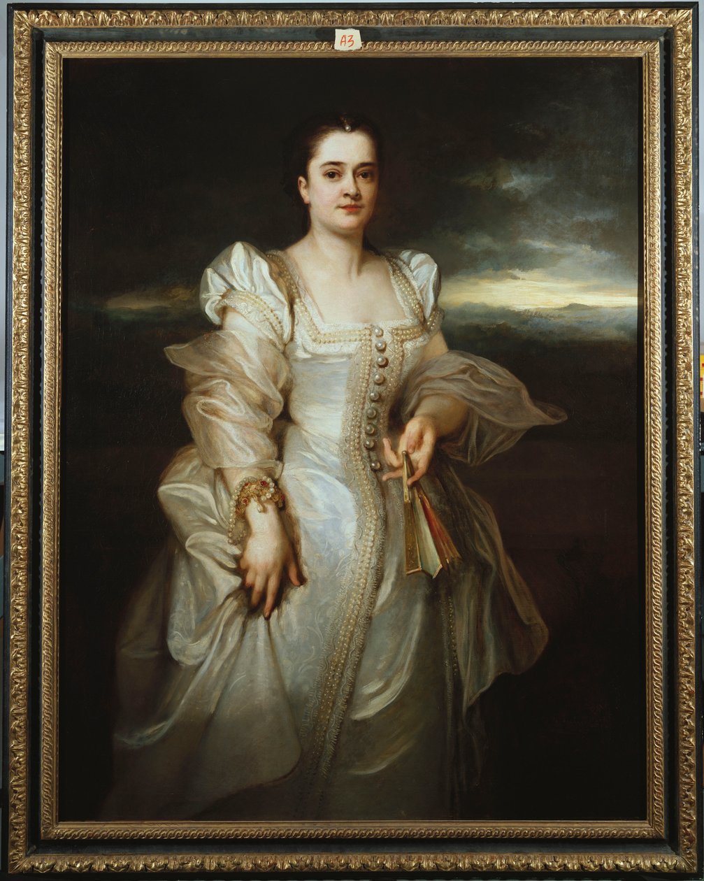 Porträt einer Dame in einem weißen Kleid mit Perlen bestickt von Adolphe Joseph Thomas Monticelli