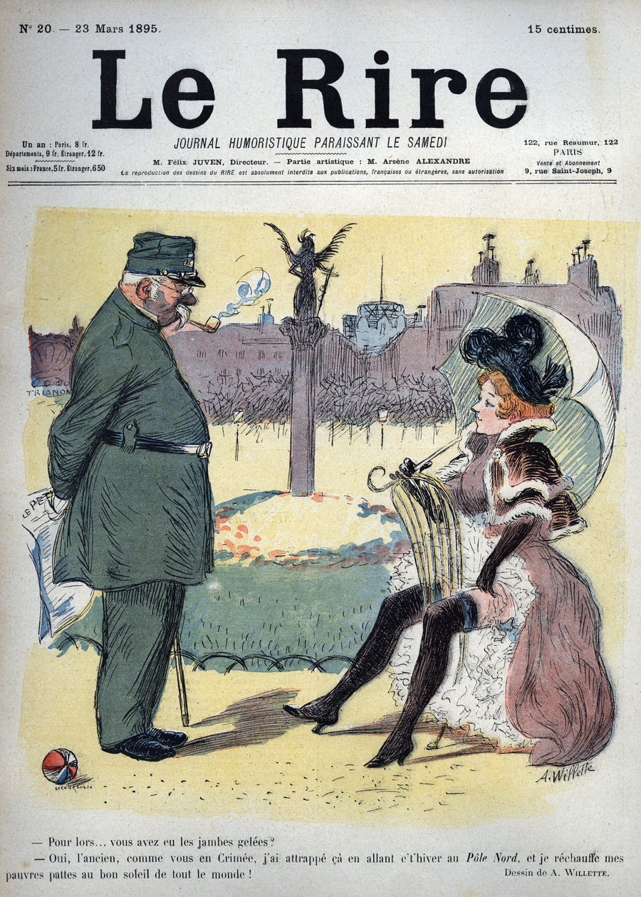 Ein Soldat und eine Prostituierte im Garten - warum hast du kalte Beine bekommen? - Ja, alter Mann, wie du in der Krim, habe ich mich auf dem Weg diesen Winter zum Nordpol erkältet, und ich wärme meine armen Beine in der guten Sonne für alle! - Zeichnung v von Adolphe Leon Willette