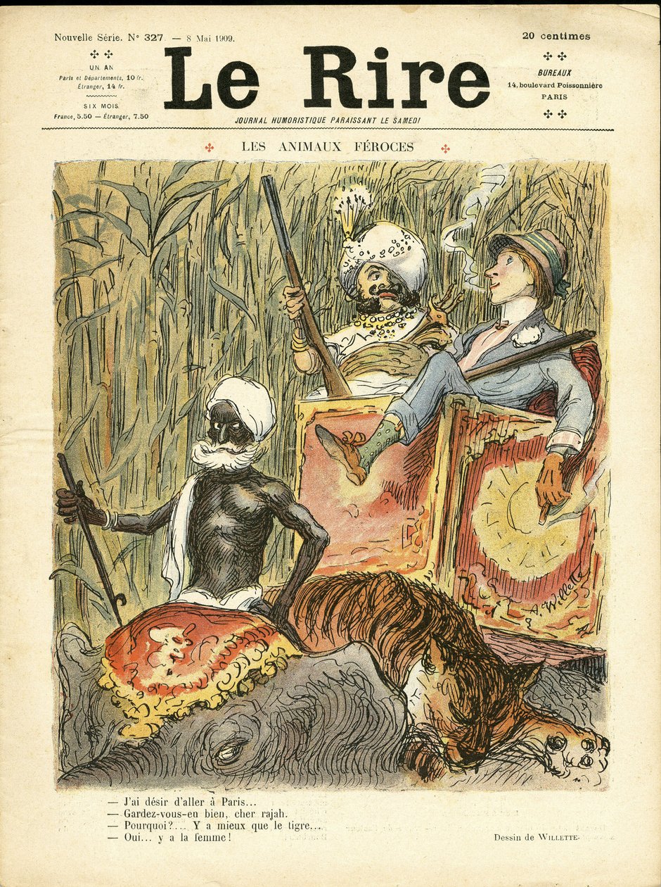 Illustration von Adolphe dit Willette (1857-1926) für das Cover von Le Rire, 08/05/09 - Wilde Tiere - Antifeminismus, Hobbys, Jagd Jäger, Indien, Britisch-Indien, Tiere - Elefant, Frauen, Tiger von Adolphe Leon Willette