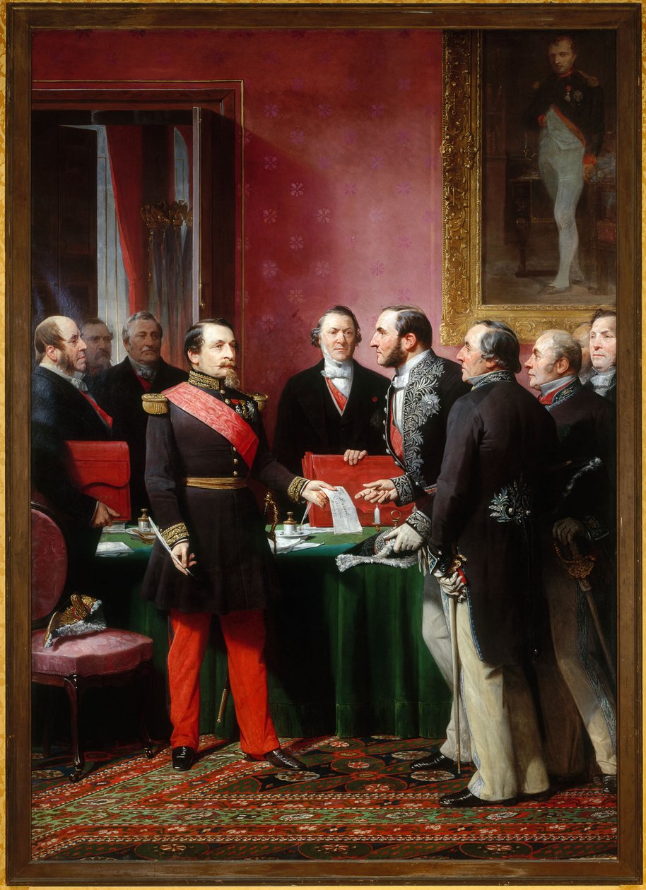 Napoleon III überreicht Baron Haussmann das Dekret zur Annexion der Nachbargemeinden (16. Februar) von Adolphe Yvon