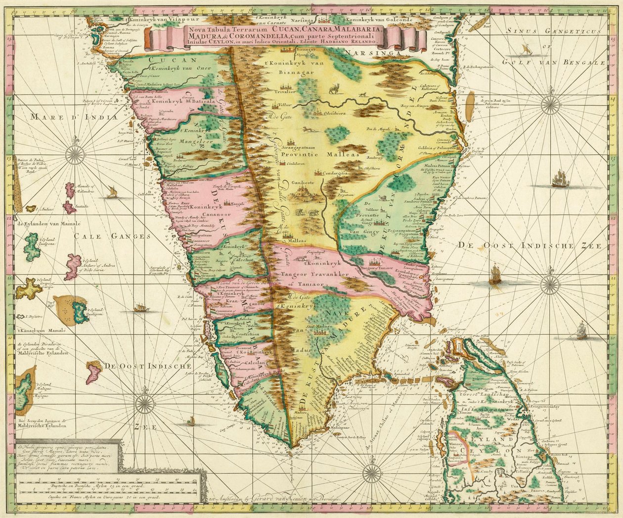 Karte von Südindien und Ceylon, nach einem Werk von ca. 1720 des niederländischen Kartographen Adriaan Reland von Adriaan Reland