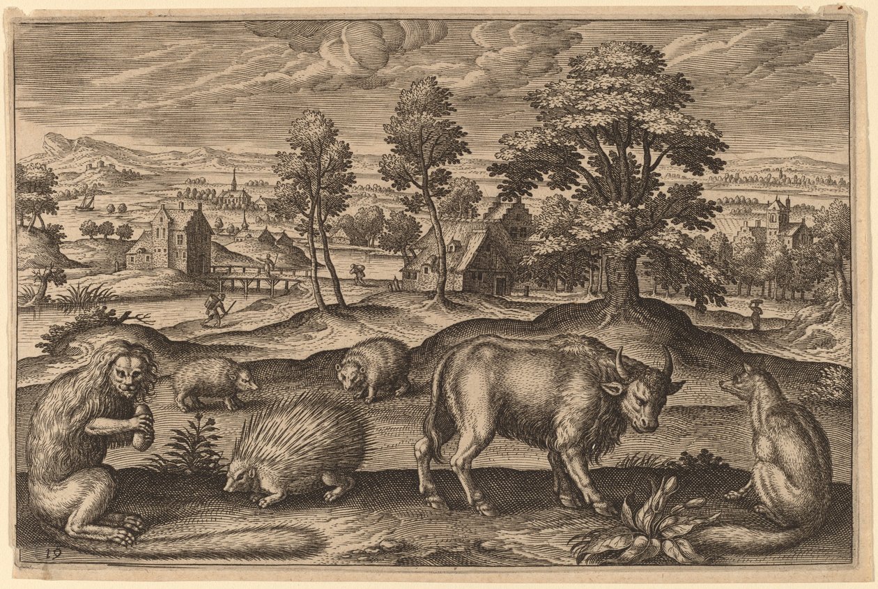 Ein Affe, ein Stachelschwein, zwei Igel, ein Büffel und ein Fuchs von Adriaen Collaert