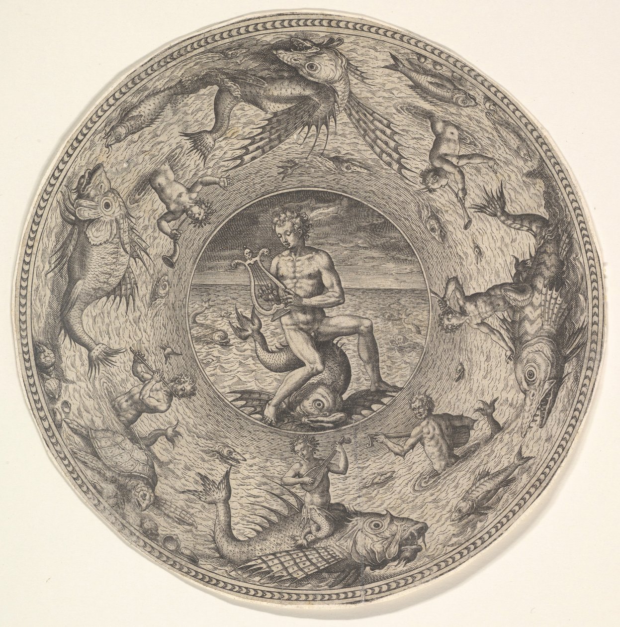 Arion auf einem Delphin umgeben von einem mit Meereskreaturen verzierten Rand, aus einem Set von..., 1580-1600 von Adriaen Collaert