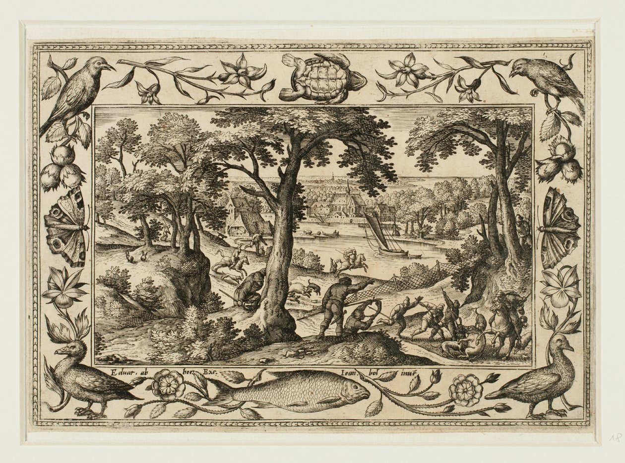Wildschweinjagd, aus Landschaften mit Alten und Neuen Testament-Szenen und Jagdszenen von Adriaen Collaert
