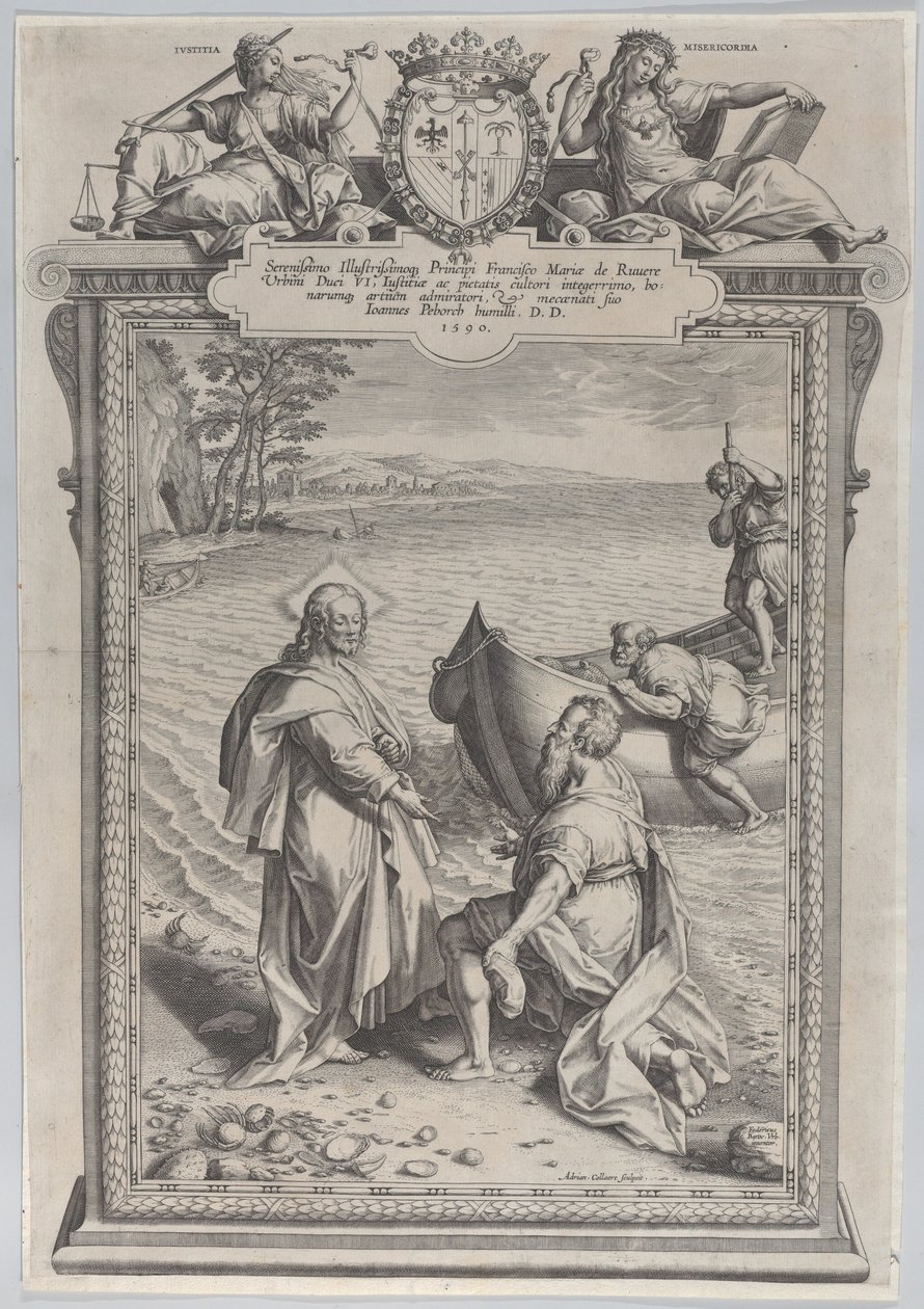 Christus ruft den heiligen Andreas, der vor ihm am Strand kniet, und den heiligen Petrus, der... von Adriaen Collaert