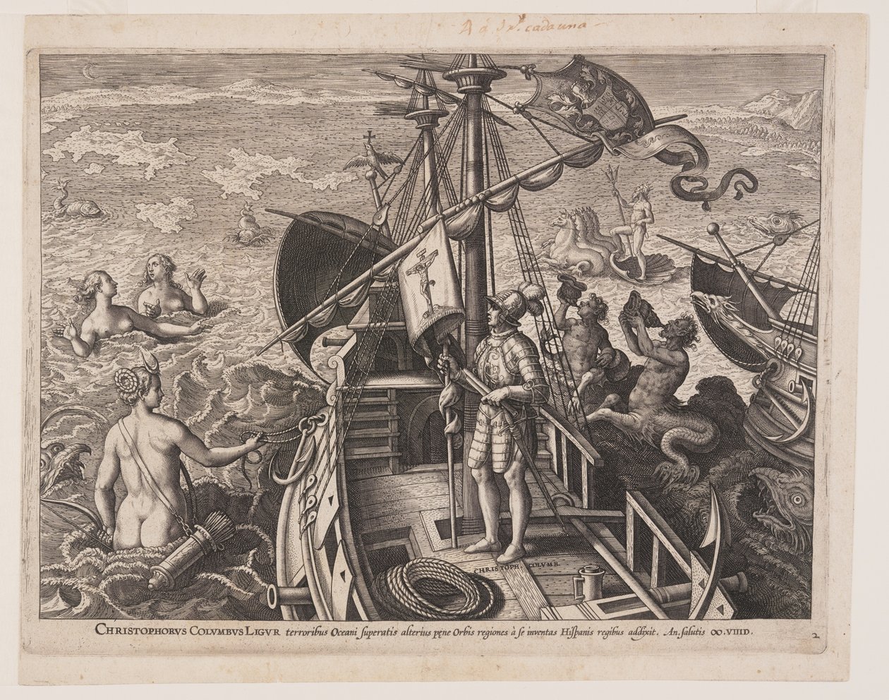 Christoph Kolumbus auf seinem Schiff, aus Americae Retectio (Die Entdeckung Amerikas) von Adriaen Collaert