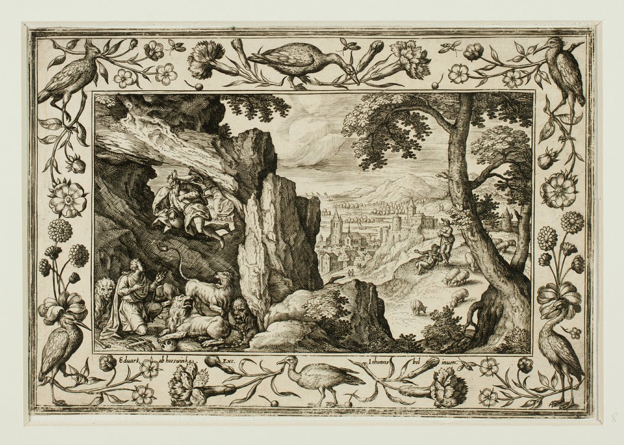 Daniel in der Löwengrube, aus Landschaften mit alten und neuen Testamentsszenen und Jagdszenen von Adriaen Collaert