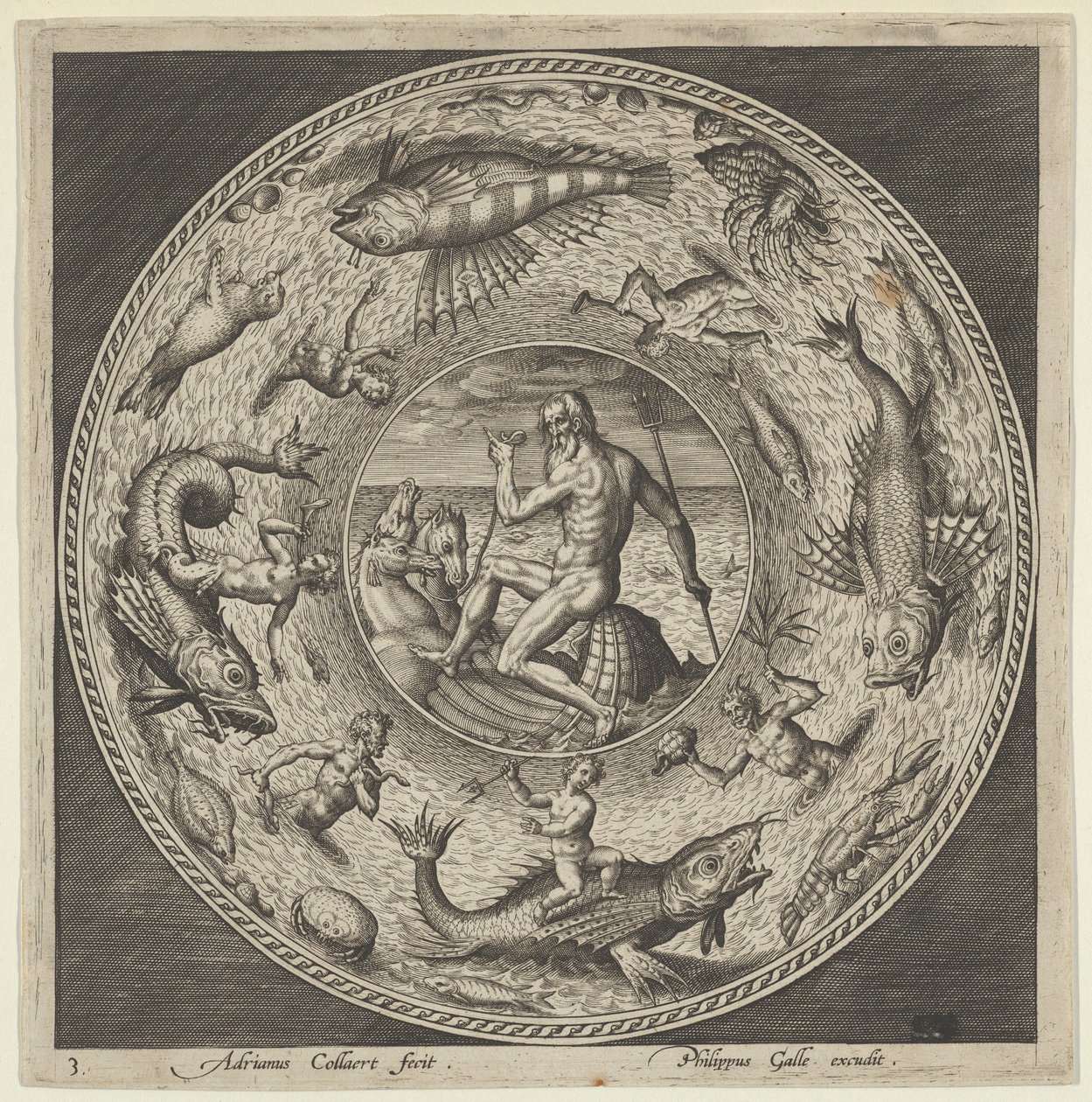 Entwurf für einen Teller mit Neptun in einer von Pferden gezogenen Muschel in einem Medaillon, um 1600 von Adriaen Collaert