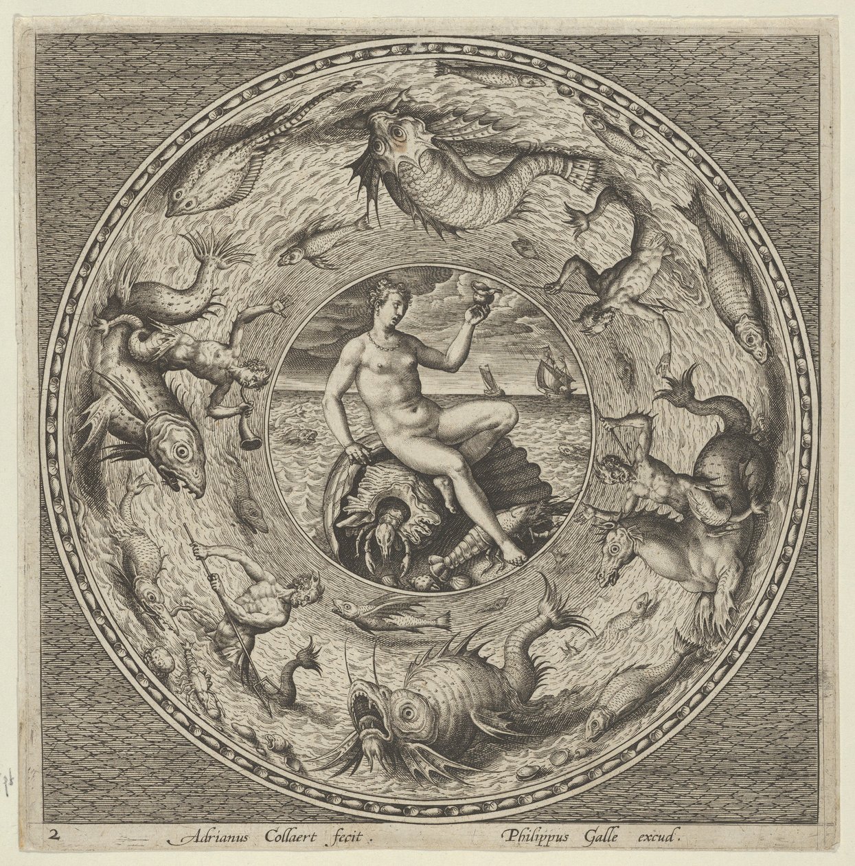 Entwurf für einen Teller mit Thetis auf einer Muschel in einem Medaillon, umgeben von Seeungeheuern, ca. 1600 von Adriaen Collaert