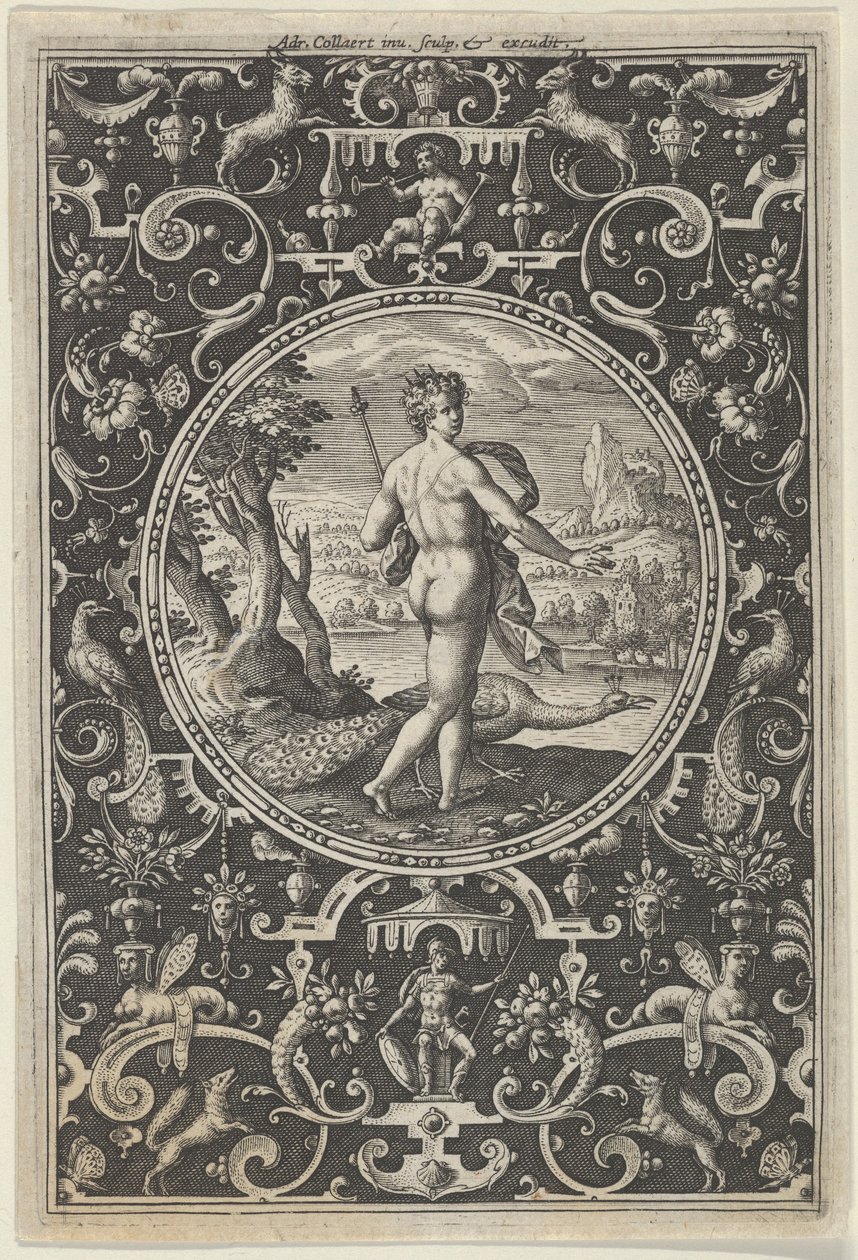 Juno in einem dekorativen Rahmen mit Grotesken, aus dem Urteil des Paris, ca. 1580-1600 von Adriaen Collaert