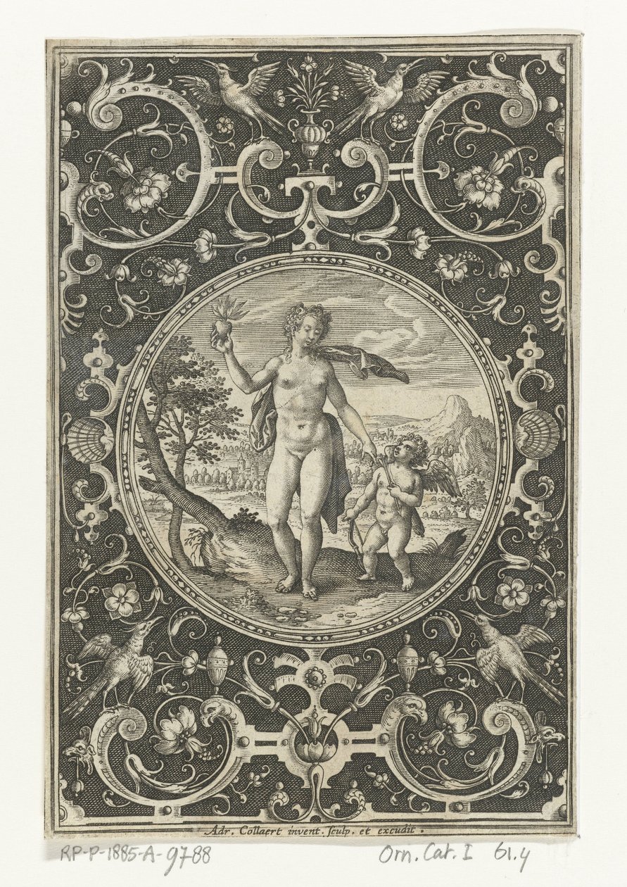 Medaillon mit Venus und Amor in Umrahmung von Grotesken mit Blumen, Girlanden, Tieren und Maskarons von Adriaen Collaert