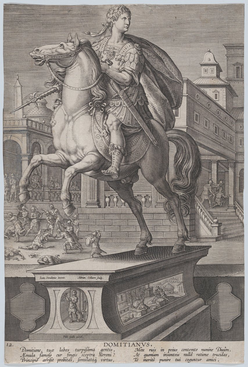 Tafel 12: Reiterstatue von Domitian, dreiviertel nach links gesehen, mit seinem ..., ca. 1587-89 von Adriaen Collaert