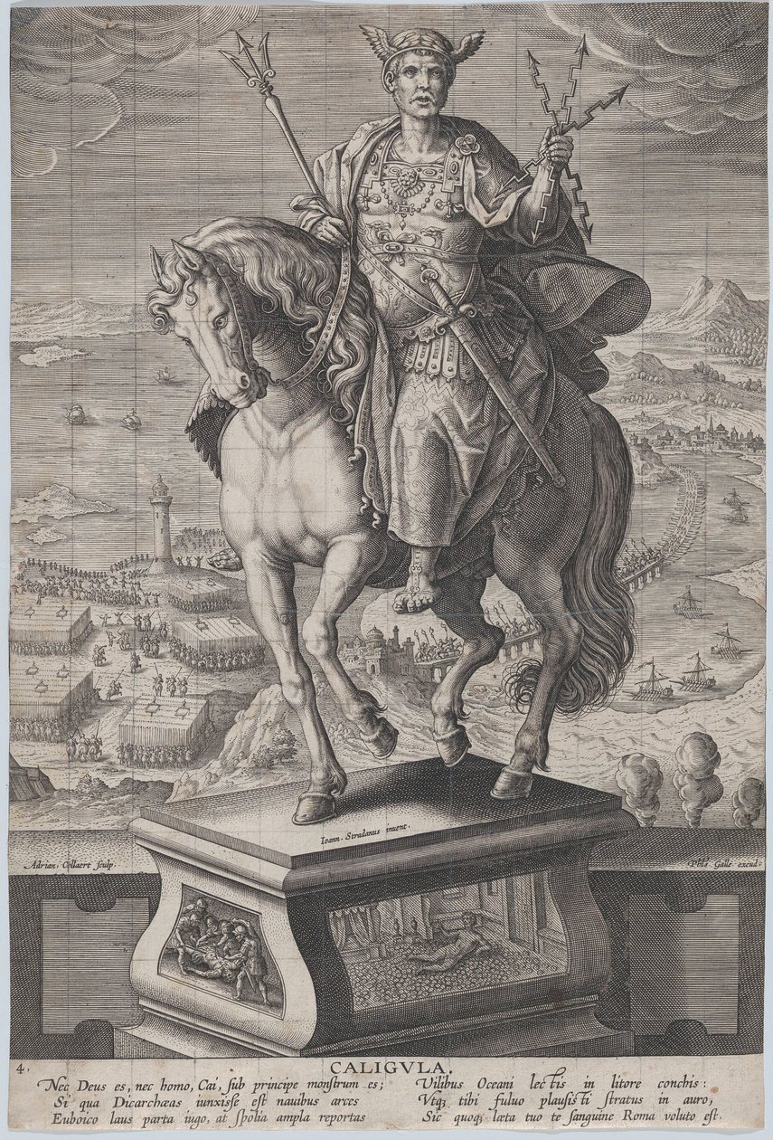 Tafel 4: Reiterstatue von Caligula, dreiviertel nach links gesehen, ca. 1587-89 von Adriaen Collaert