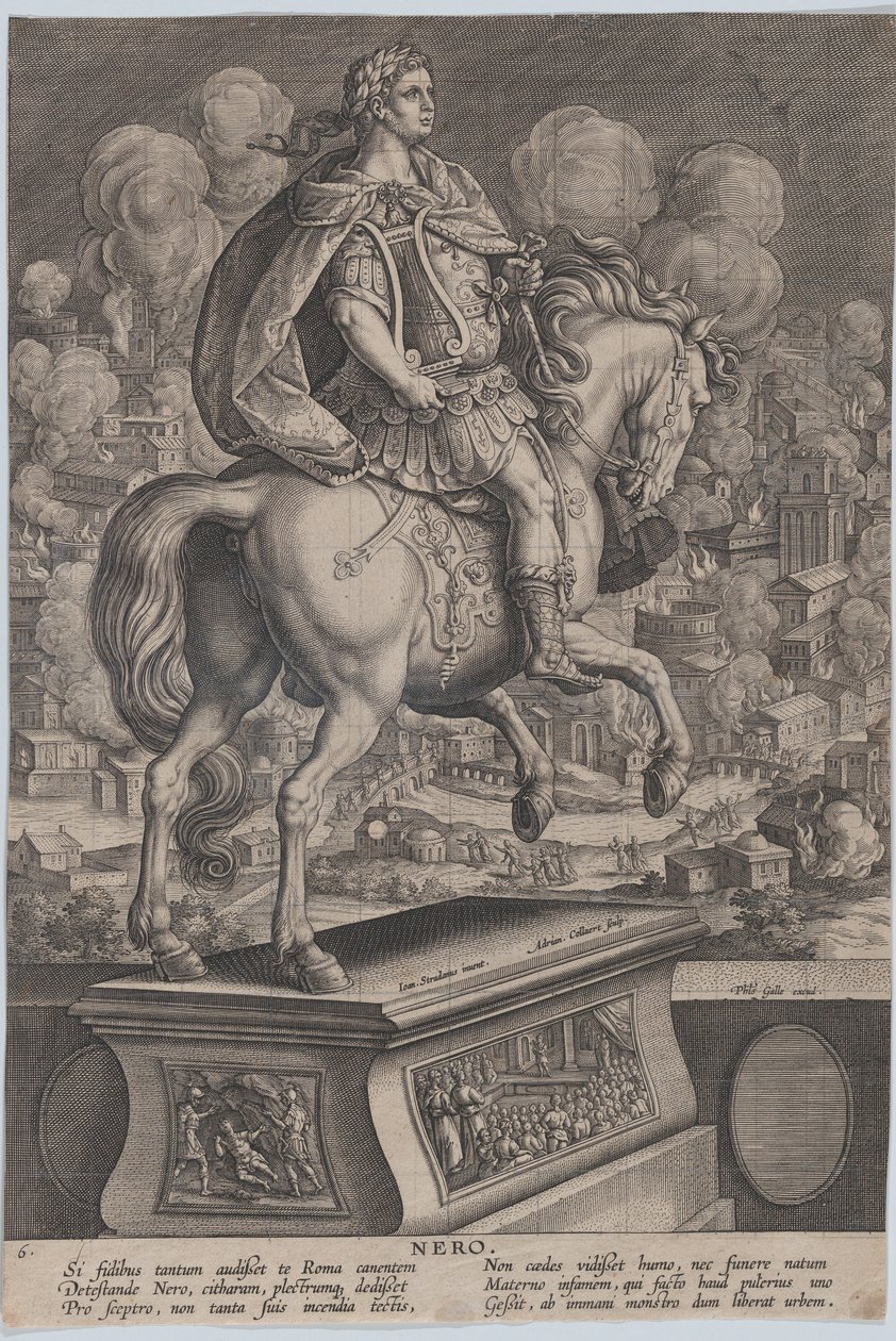 Tafel 6: Reiterstatue von Nero, von hinten gesehen, der Große Brand von Rom, ca. 1587-89 von Adriaen Collaert