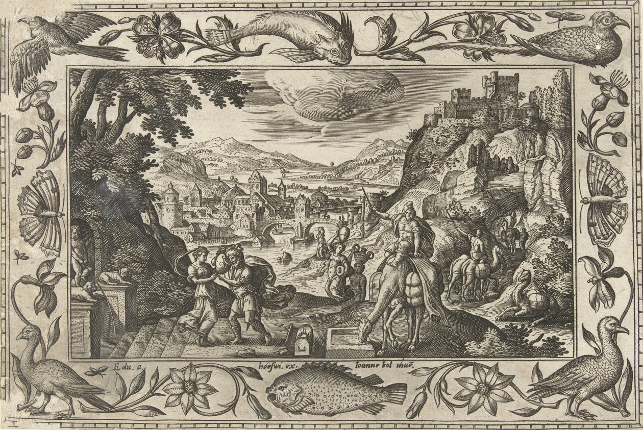 Rebekka und Eliëzer am Brunnen (Landschaften mit biblischen, mythologischen Szenen und Jagdszenen) von Adriaen Collaert