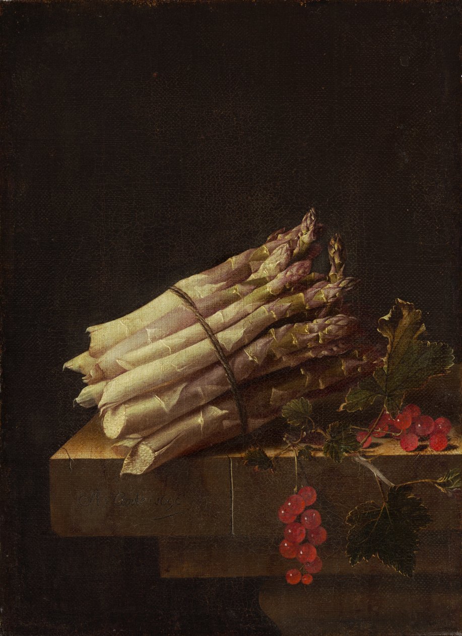 Stillleben mit Spargel und roten Johannisbeeren von Adrian Coorte