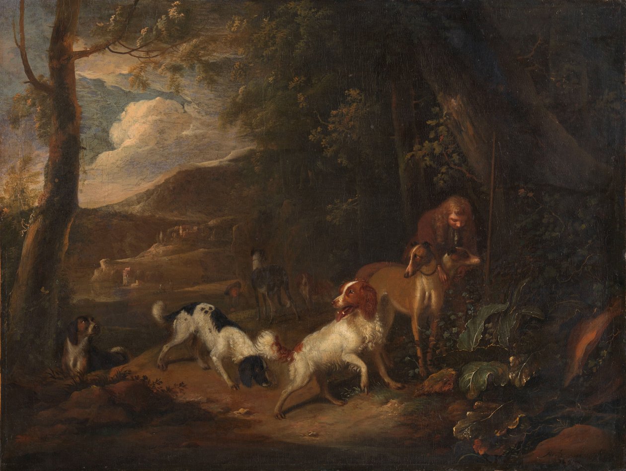 Jäger mit Hunden am Waldrand von Adriaen Cornelisz Beeldemaker
